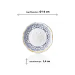 16 cm çapında, 2,4 cm yüksekliğe sahip antik beyaz çatlatma zeminli mavi Helenistik çini desenli yuvarlak HappyChef mini sunum tabağı ve porsiyonluk meze teşhir kasesi.