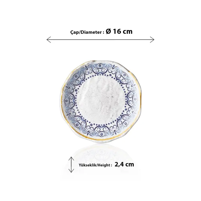 16 cm çapında, 2,4 cm yüksekliğe sahip antik beyaz çatlatma zeminli mavi Helenistik çini desenli yuvarlak HappyChef mini sunum tabağı ve porsiyonluk meze teşhir kasesi.