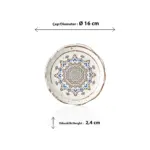 16 cm çapında, 2,4 cm yüksekliğe sahip krem terrazzo zeminli mavi ve kahverengi çini mandala desenli yuvarlak HappyChef mini sunum tabağı ve porsiyonluk meze teşhir kasesi.