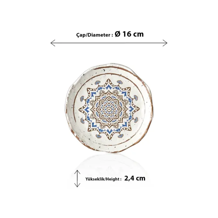 16 cm çapında, 2,4 cm yüksekliğe sahip krem terrazzo zeminli mavi ve kahverengi çini mandala desenli yuvarlak HappyChef mini sunum tabağı ve porsiyonluk meze teşhir kasesi.