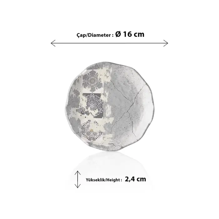 16 cm çapında, 2,4 cm yüksekliğe sahip gri beton efektli ve etnik mandala desenli mini yuvarlak HappyChef porsiyonluk sunum ve meze teşhir tabağı.