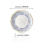 20 cm çapında, 2,8 cm yüksekliğe sahip antik beyaz çatlatma zeminli mavi Helenistik çini desenli yuvarlak HappyChef porsiyonluk sunum ve meze teşhir tabağı.