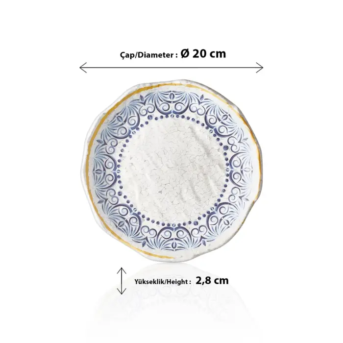 20 cm çapında, 2,8 cm yüksekliğe sahip antik beyaz çatlatma zeminli mavi Helenistik çini desenli yuvarlak HappyChef porsiyonluk sunum ve meze teşhir tabağı.