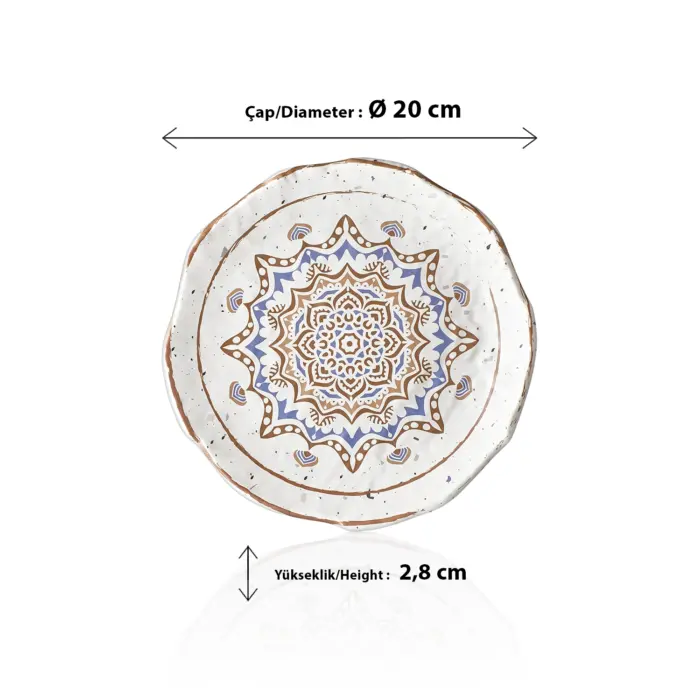 20 cm çapında, 2,8 cm yüksekliğe sahip krem terrazzo zeminli mavi ve kahverengi çini mandala desenli yuvarlak HappyChef porsiyonluk sunum ve meze teşhir tabağı.