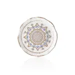 20 cm çapında, 2,8 cm yüksekliğe sahip krem terrazzo zeminli mavi ve kahverengi çini mandala desenli yuvarlak HappyChef porsiyonluk sunum ve meze teşhir tabağı.