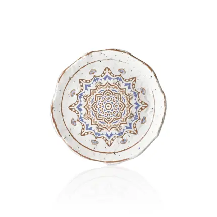 20 cm çapında, 2,8 cm yüksekliğe sahip krem terrazzo zeminli mavi ve kahverengi çini mandala desenli yuvarlak HappyChef porsiyonluk sunum ve meze teşhir tabağı.