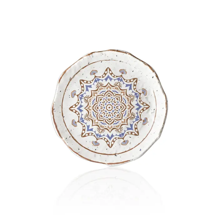 20 cm çapında, 2,8 cm yüksekliğe sahip krem terrazzo zeminli mavi ve kahverengi çini mandala desenli yuvarlak HappyChef porsiyonluk sunum ve meze teşhir tabağı.