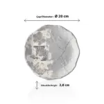 20 cm çapında, 2,8 cm yüksekliğe sahip gri beton efektli ve etnik mandala desenli porsiyonluk yuvarlak HappyChef sunum ve meze teşhir tabağı.