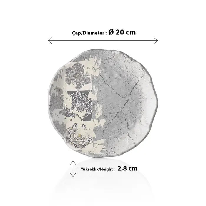 20 cm çapında, 2,8 cm yüksekliğe sahip gri beton efektli ve etnik mandala desenli porsiyonluk yuvarlak HappyChef sunum ve meze teşhir tabağı.