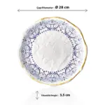 28 cm çapında, 3,5 cm yüksekliğe sahip antik beyaz çatlatma zeminli mavi Helenistik çini desenli yuvarlak HappyChef açık büfe sunum ve meze teşhir tabağı.