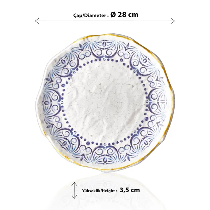 28 cm çapında, 3,5 cm yüksekliğe sahip antik beyaz çatlatma zeminli mavi Helenistik çini desenli yuvarlak HappyChef açık büfe sunum ve meze teşhir tabağı.