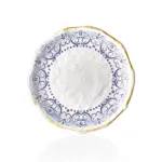 28 cm çapında, 3,5 cm yüksekliğe sahip antik beyaz çatlatma zeminli mavi Helenistik çini desenli yuvarlak HappyChef açık büfe sunum ve meze teşhir tabağı.