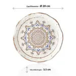28 cm çapında, 3,5 cm yüksekliğe sahip krem terrazzo zeminli mavi ve kahverengi çini mandala desenli yuvarlak HappyChef açık büfe sunum ve meze teşhir tabağı.