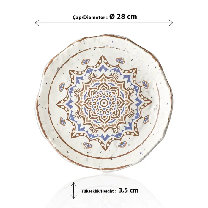 28 cm çapında, 3,5 cm yüksekliğe sahip krem terrazzo zeminli mavi ve kahverengi çini mandala desenli yuvarlak HappyChef açık büfe sunum ve meze teşhir tabağı.