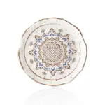 28 cm çapında, 3,5 cm yüksekliğe sahip krem terrazzo zeminli mavi ve kahverengi çini mandala desenli yuvarlak HappyChef açık büfe sunum ve meze teşhir tabağı.