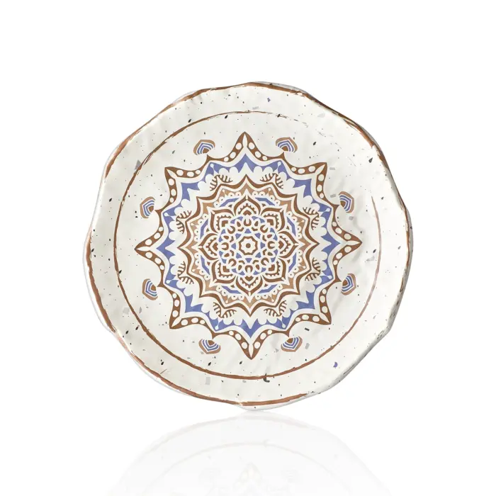 28 cm çapında, 3,5 cm yüksekliğe sahip krem terrazzo zeminli mavi ve kahverengi çini mandala desenli yuvarlak HappyChef açık büfe sunum ve meze teşhir tabağı.