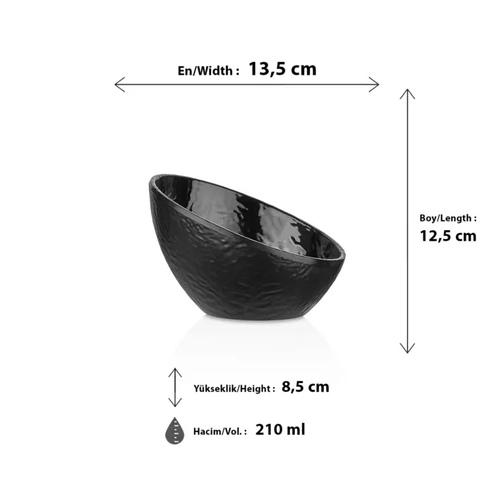 13,5x12,5 cm ölçülerinde, 8,5 cm yüksekliğe ve 210 ml hacme sahip dışı dövme taş dokulu parlak siyah eğik ağızlı mini HappyChef melamin açık büfe sos, çerez ve meze kasesi.
