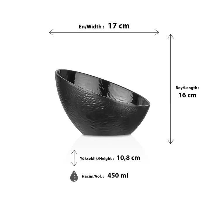 17x16 cm ölçülerinde, 10,8 cm yüksekliğe ve 450 ml hacme sahip dışı dövme taş dokulu parlak siyah eğik ağızlı HappyChef melamin açık büfe meze, salata ve sos kasesi.