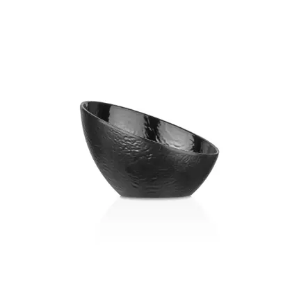 17x16 cm ölçülerinde, 10,8 cm yüksekliğe ve 450 ml hacme sahip dışı dövme taş dokulu parlak siyah eğik ağızlı HappyChef melamin açık büfe meze, salata ve sos kasesi.