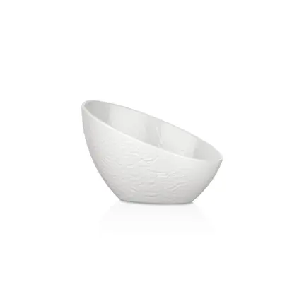 17x16 cm ölçülerinde, 10,8 cm yüksekliğe ve 450 ml hacme sahip dışı dövme taş dokulu parlak beyaz eğik ağızlı HappyChef melamin açık büfe meze, salata ve sos kasesi.