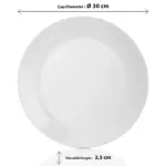 30 cm çapında ve 2.3 cm yüksekliğinde, dayanıklı thermoset malzemeden üretilmiş parlak beyaz yuvarlak servis ve ana yemek tabağı.