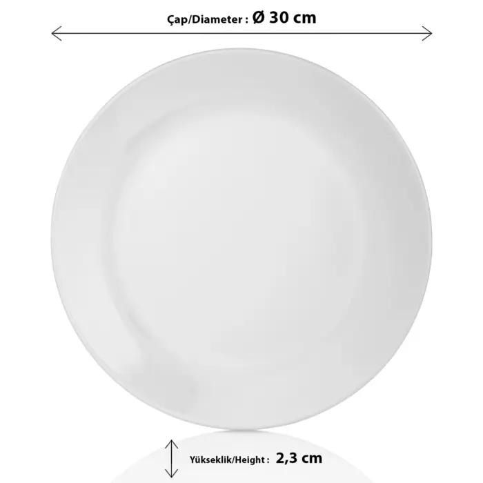 30 cm çapında ve 2.3 cm yüksekliğinde, dayanıklı thermoset malzemeden üretilmiş parlak beyaz yuvarlak servis ve ana yemek tabağı.