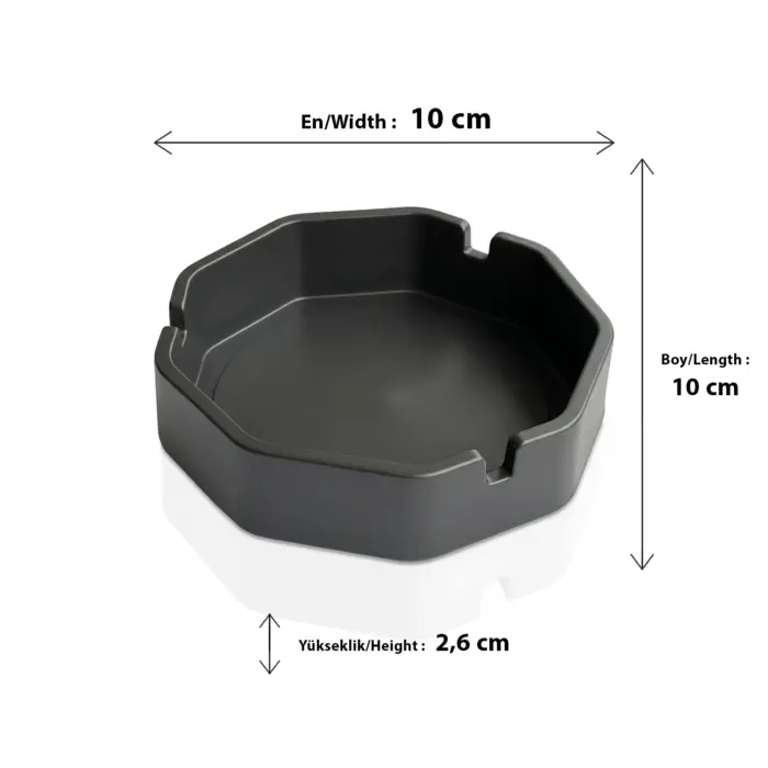 10x10 cm ölçülerinde, ısıya dayanıklı siyah renkli yanmaz bakalit malzemeden üretilmiş sekizgen küllük.