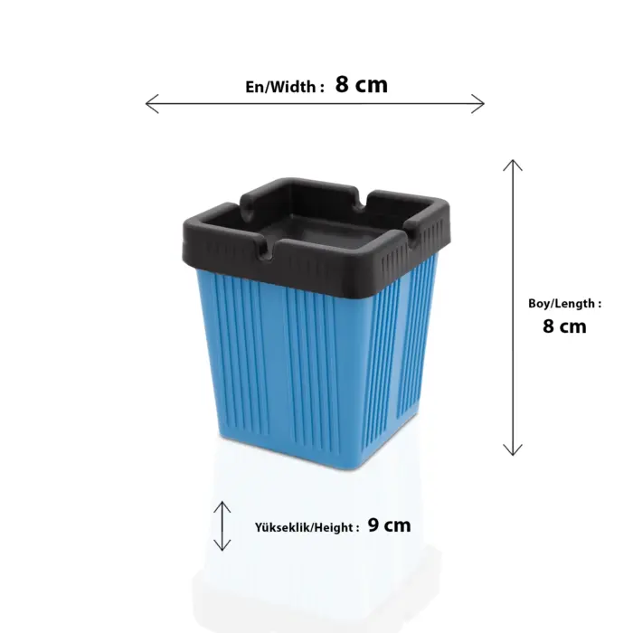 8x8 cm ölçülerinde ve 9 cm yüksekliğinde, mavi gövdeli ve siyah kapaklı, dumanı hapseden kare ve yuvarlak kokusuz küllük (küllük modelleri).