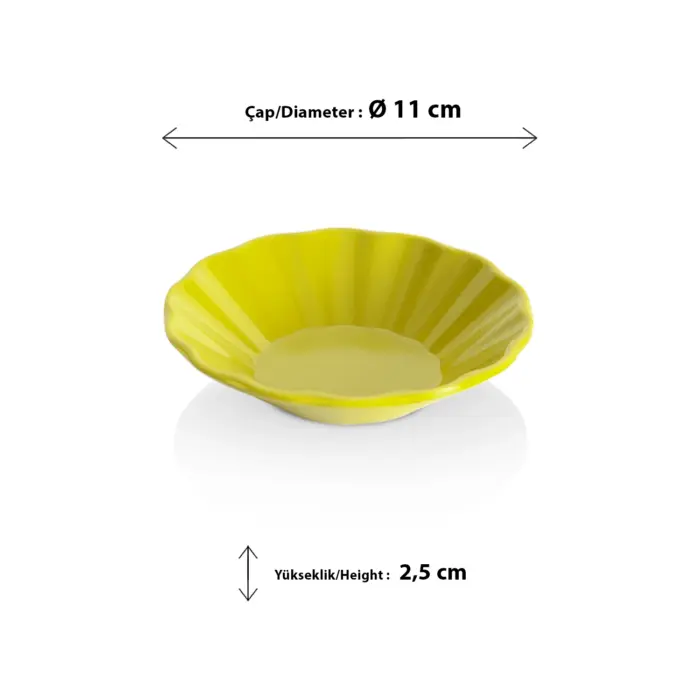 11 cm çapında, çiçek yaprağı formunda dalgalı kenarlara sahip canlı sarı renkli çay tabağı ve çay bardak altlığı.