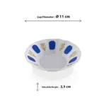 11 cm çapında, beyaz zemin üzerine lacivert damla desenli ve altın yaldızlı klasik kahveci model thermoset çay bardağı altlığı.