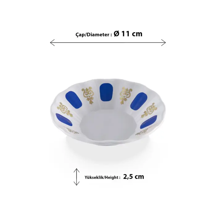 11 cm çapında, beyaz zemin üzerine lacivert damla desenli ve altın yaldızlı klasik kahveci model thermoset çay bardağı altlığı.