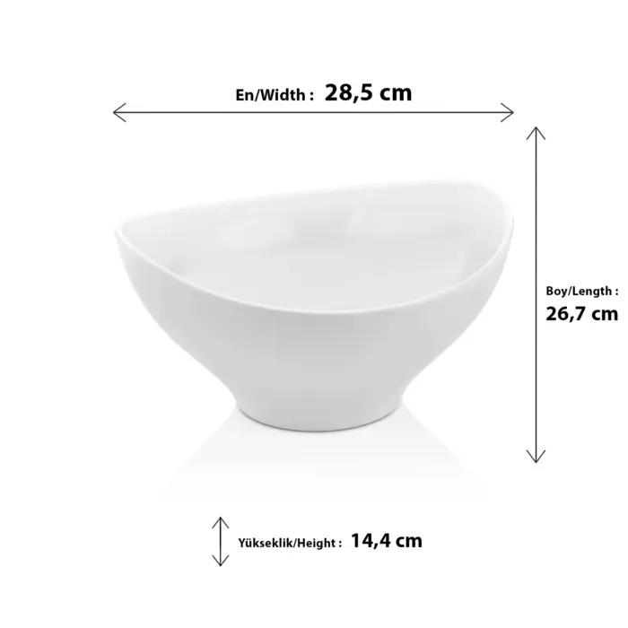 28,5x26,7 cm ölçülerinde ve 14,4 cm derinliğe sahip, asimetrik kavisli tasarımıyla öne çıkan büyük boy beyaz Diana salata ve sunum kasesi.