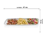47x15 cm ölçülerinde, üzerinde et, makarna ve salata menüsü sunulmuş uzun dikdörtgen porsiyon ve servis tabağı.