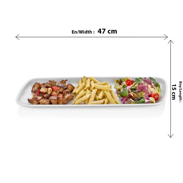 47x15 cm ölçülerinde, üzerinde et, makarna ve salata menüsü sunulmuş uzun dikdörtgen porsiyon ve servis tabağı.