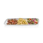 47x15 cm ölçülerinde, üzerinde et, makarna ve salata menüsü sunulmuş uzun dikdörtgen porsiyon ve servis tabağı.