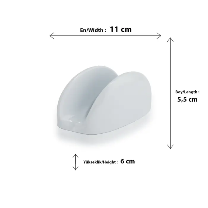 11x5,5 cm ölçülerinde ve 6 cm yüksekliğinde, parlak beyaz renkli modern peçetelik ve çok amaçlı masa üstü sunum standı.