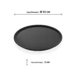 35 cm çapında ve 2 cm yüksekliğinde, minimalist tasarımlı siyah yuvarlak sunum tepsisi ve düz servis tabağı.