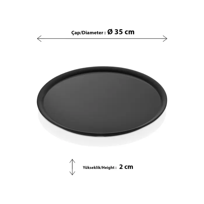 35 cm çapında ve 2 cm yüksekliğinde, minimalist tasarımlı siyah yuvarlak sunum tepsisi ve düz servis tabağı.