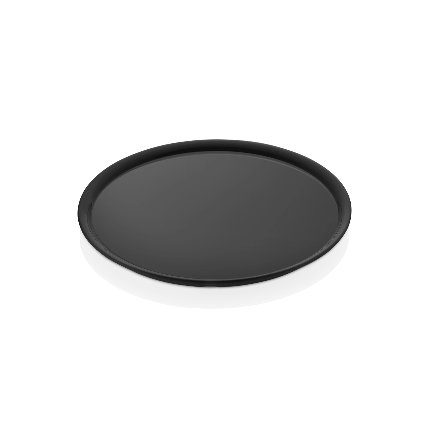 Siyah Yuvarlak Sunum Tepsisi ve Servis Tabağı - 35 cm 35 cm çapında ve 2 cm yüksekliğinde, minimalist tasarımlı siyah yuvarlak sunum tepsisi ve düz servis tabağı.
