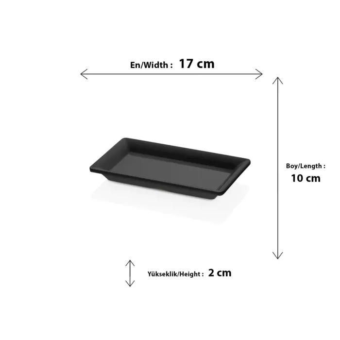 17x10 cm ölçülerinde, 2 cm yüksekliğinde minimal tasarımlı siyah dikdörtgen servis, sushi ve meze tabağı.