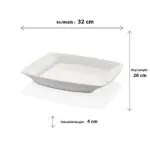 34x17,5 cm ölçülerinde, kavisli kenar tasarımına sahip beyaz renkli dikdörtgen kayık sunum ve servis tabağı.