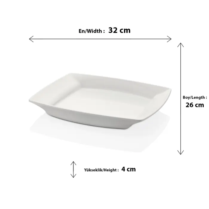 34x17,5 cm ölçülerinde, kavisli kenar tasarımına sahip beyaz renkli dikdörtgen kayık sunum ve servis tabağı.