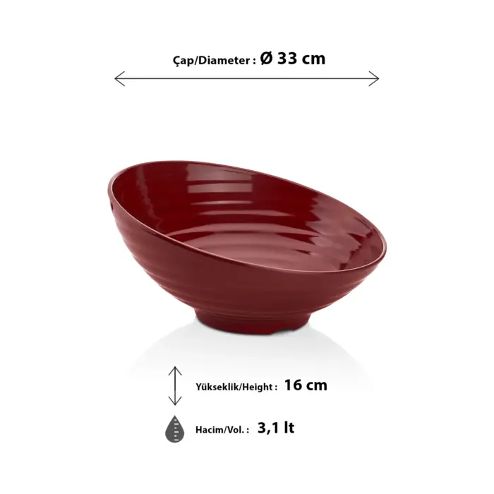 33 cm çapında ve 3.1 litre kapasiteli, içi dalgalı dokulu, asimetrik eğik kesimli büyük boy kırmızı salata ve sunum kasesi.