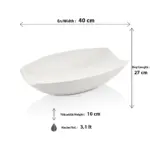 40x27 cm ölçülerinde ve 3.1 litre hacimli, uçlara doğru yükselen kıvrımlı tasarıma sahip büyük boy beyaz gondol salata ve sunum kasesi.