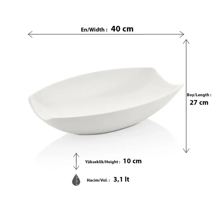 40x27 cm ölçülerinde ve 3.1 litre hacimli, uçlara doğru yükselen kıvrımlı tasarıma sahip büyük boy beyaz gondol salata ve sunum kasesi.