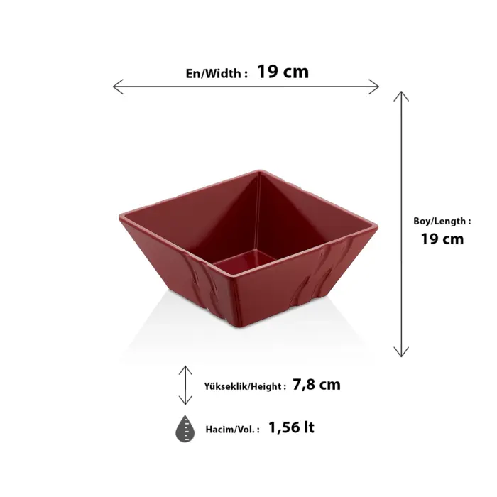 19x19 cm ölçülerinde ve 1.56 litre hacimli, dış yüzeyi dalga detaylı orta boy kare kırmızı salata ve sunum kasesi.