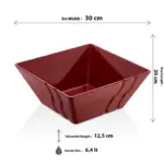 30x30 cm ölçülerinde ve 6.4 litre hacimli, dış yüzeyi dalga detaylı ekstra büyük boy kare kırmızı salata ve açık büfe sunum kasesi.