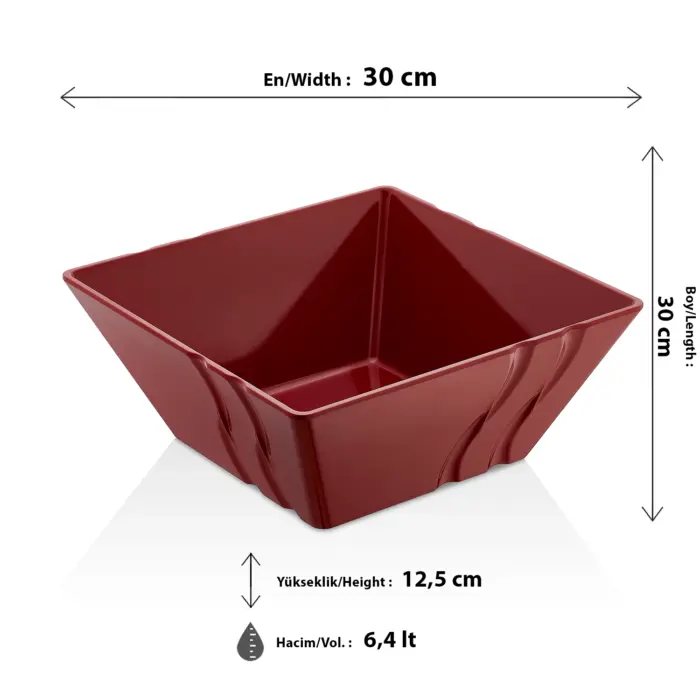 30x30 cm ölçülerinde ve 6.4 litre hacimli, dış yüzeyi dalga detaylı ekstra büyük boy kare kırmızı salata ve açık büfe sunum kasesi.