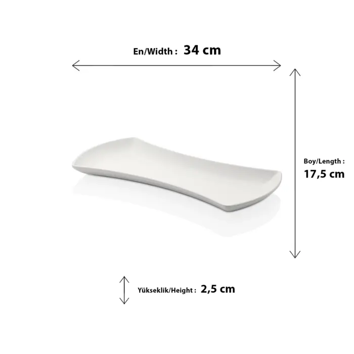 34x17,5 cm ölçülerinde, kavisli kenar tasarımına sahip beyaz renkli dikdörtgen kayık sunum ve servis tabağı.