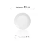 14 cm çapında ve 2 cm yüksekliğinde küçük boy beyaz yuvarlak servis tabağı, çerezlik ve meze tabağı.